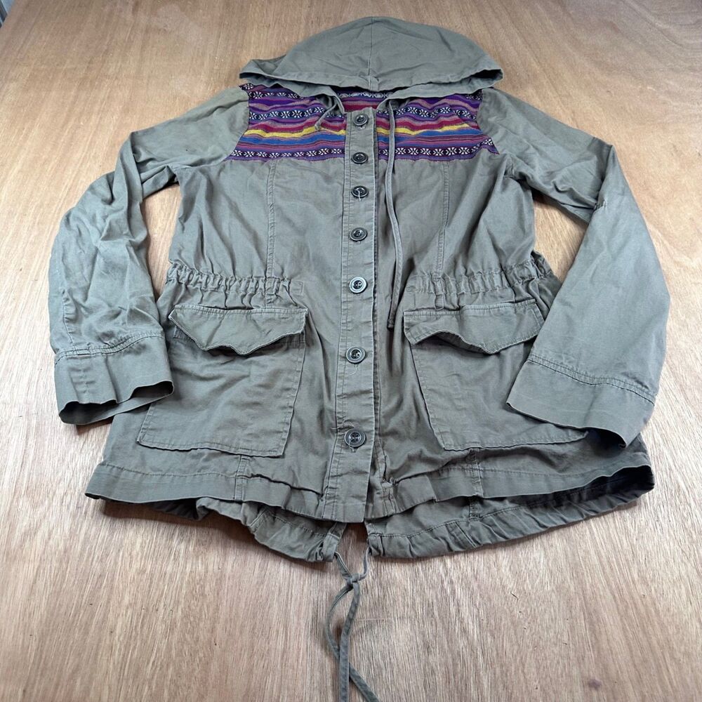 Stoosh Hooded Utility Jacket Tribal Trim Olive Green Cotton Large